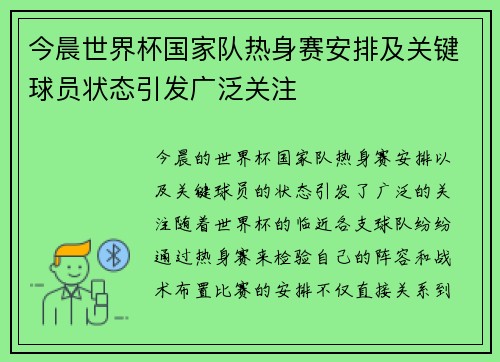 今晨世界杯国家队热身赛安排及关键球员状态引发广泛关注